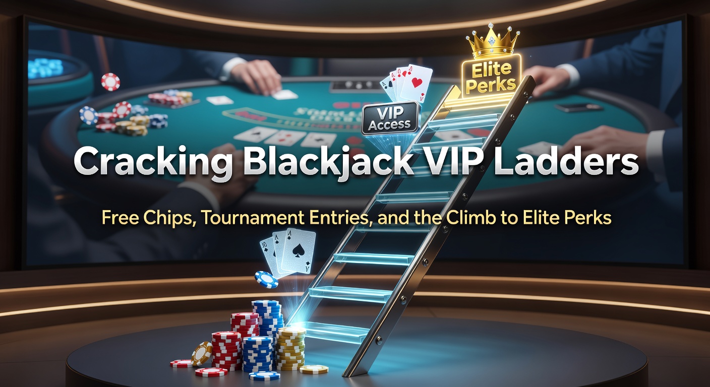 Graphic illustrating a multi-tiered VIP ladder in blackjack programs, with icons for free chips and tournament trophies climbing toward elite perks at the top