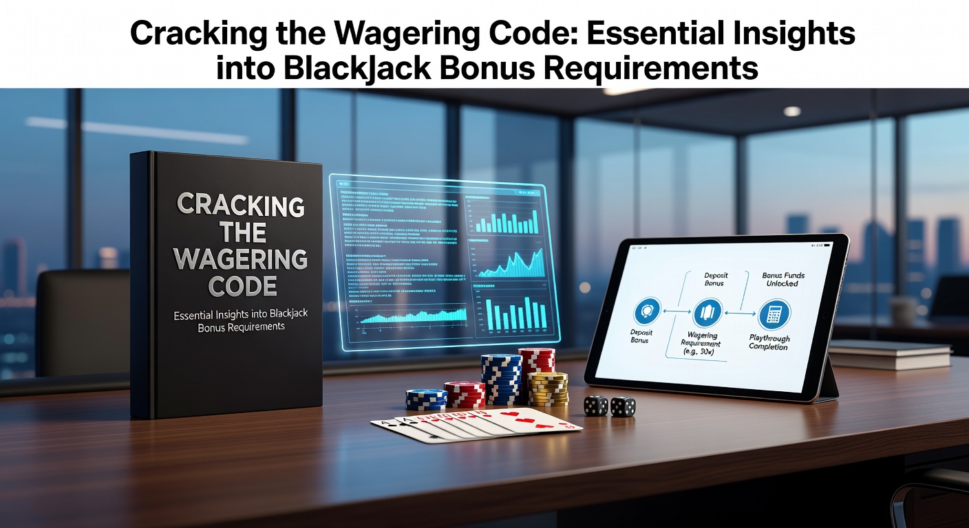 Digital graphic showing a blackjack table with wagering requirement locks and bonus chips scattered around, symbolizing the challenges of meeting playthrough conditions