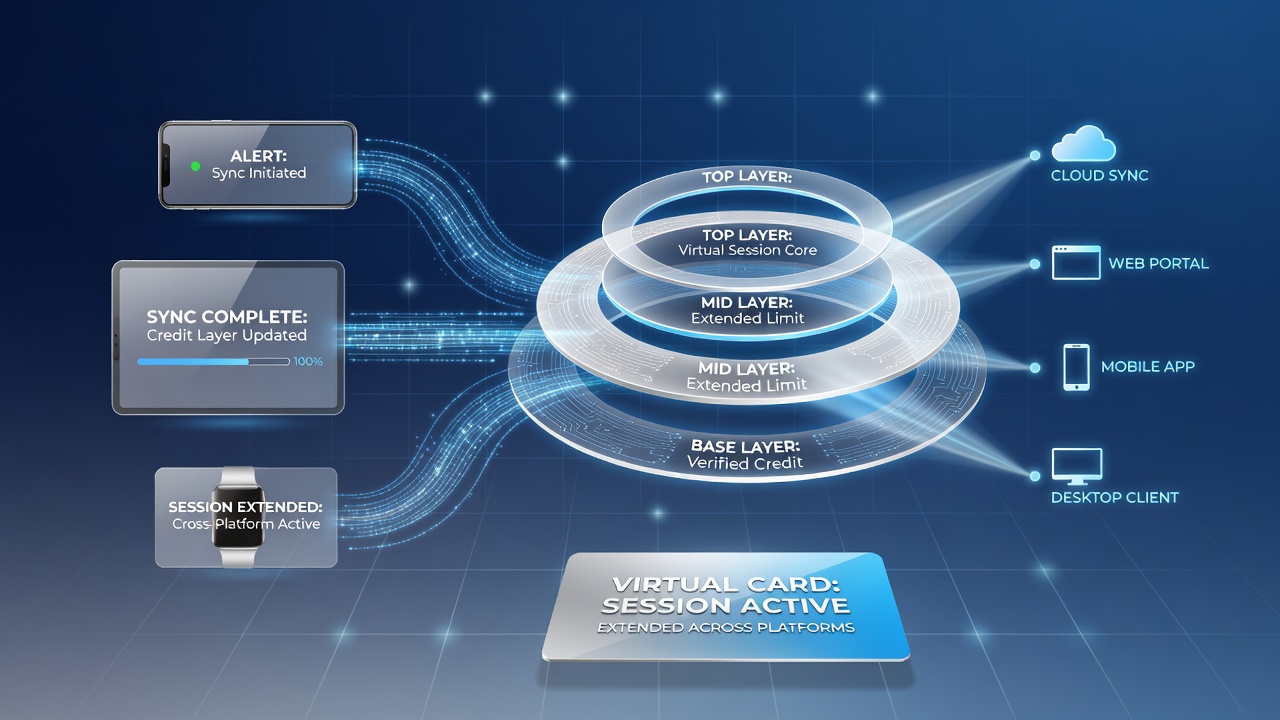 Illustration of multiple devices displaying synchronized virtual card alerts and credit build notifications across different platforms