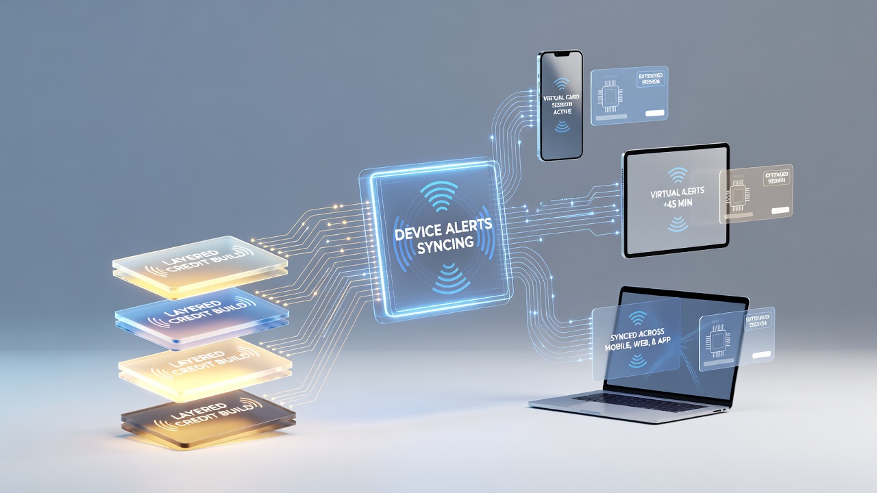 Diagram showing data flow between device alerts, credit layers, and virtual card session extensions on multiple platforms