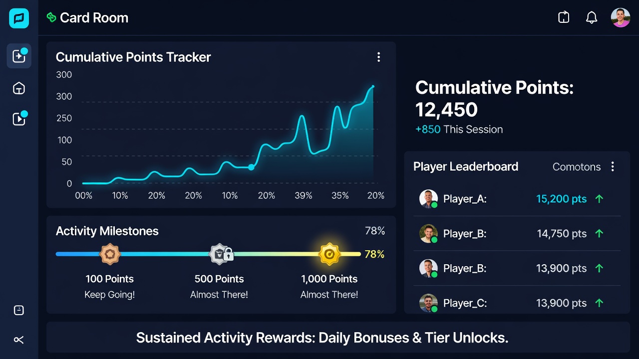 Player progression chart illustrating tier levels and cumulative point milestones in a digital card room
