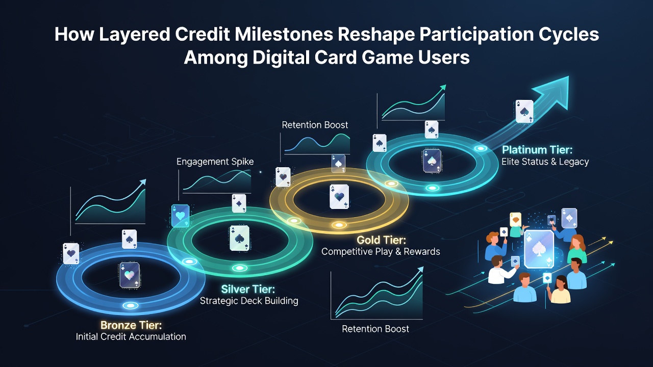 Digital card game interface showing layered credit milestone progress bars and user participation metrics