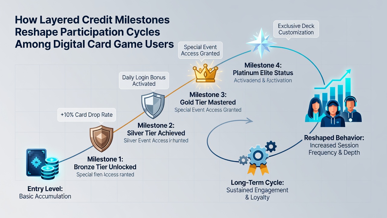 Chart displaying user participation cycles before and after implementation of layered credit milestones on digital card game platforms