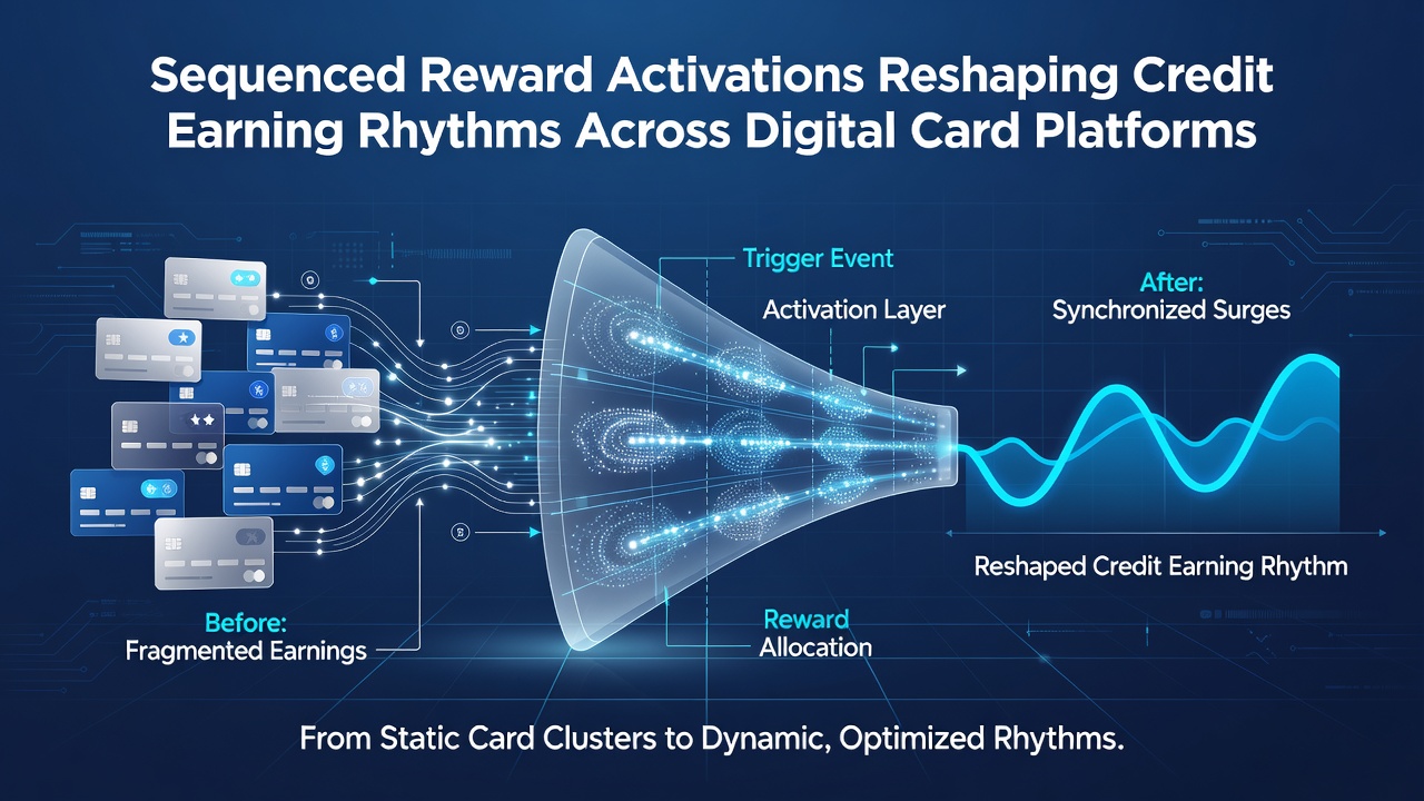 Analytics dashboard displaying credit earning rhythms and reward sequence completion rates for digital card users