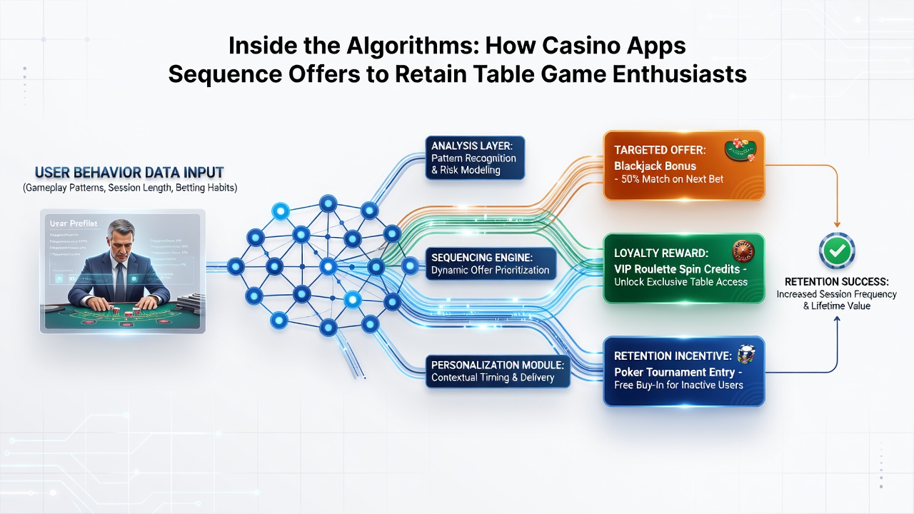 Dashboard view of algorithmic offer sequencing tools used by casino app developers for table game retention