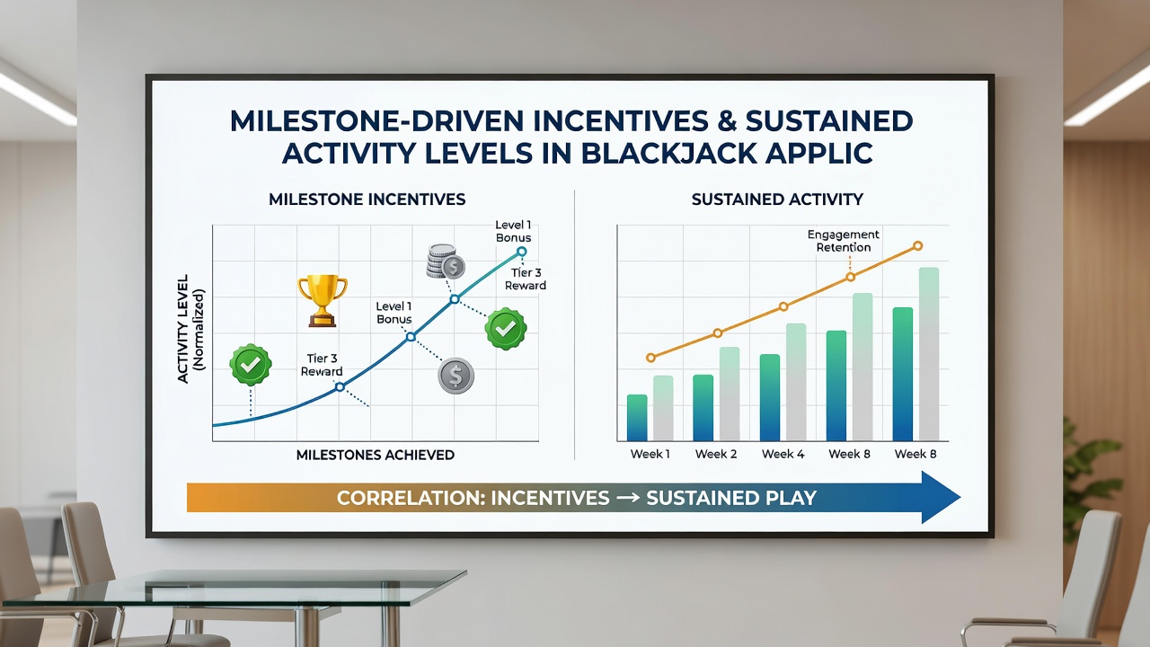 Analytics dashboard showing player retention curves linked to milestone achievements in blackjack apps