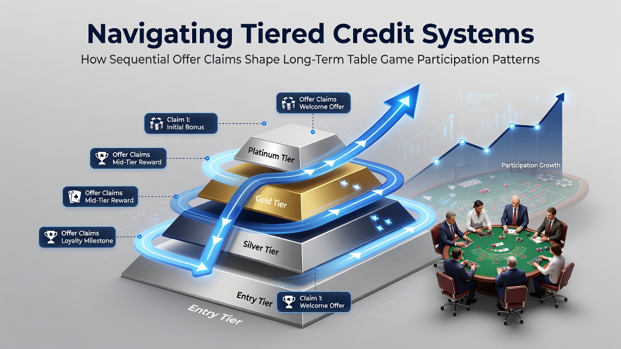 Diagram showing progression through casino tiered credit levels with sequential offer claims leading to higher table game rewards