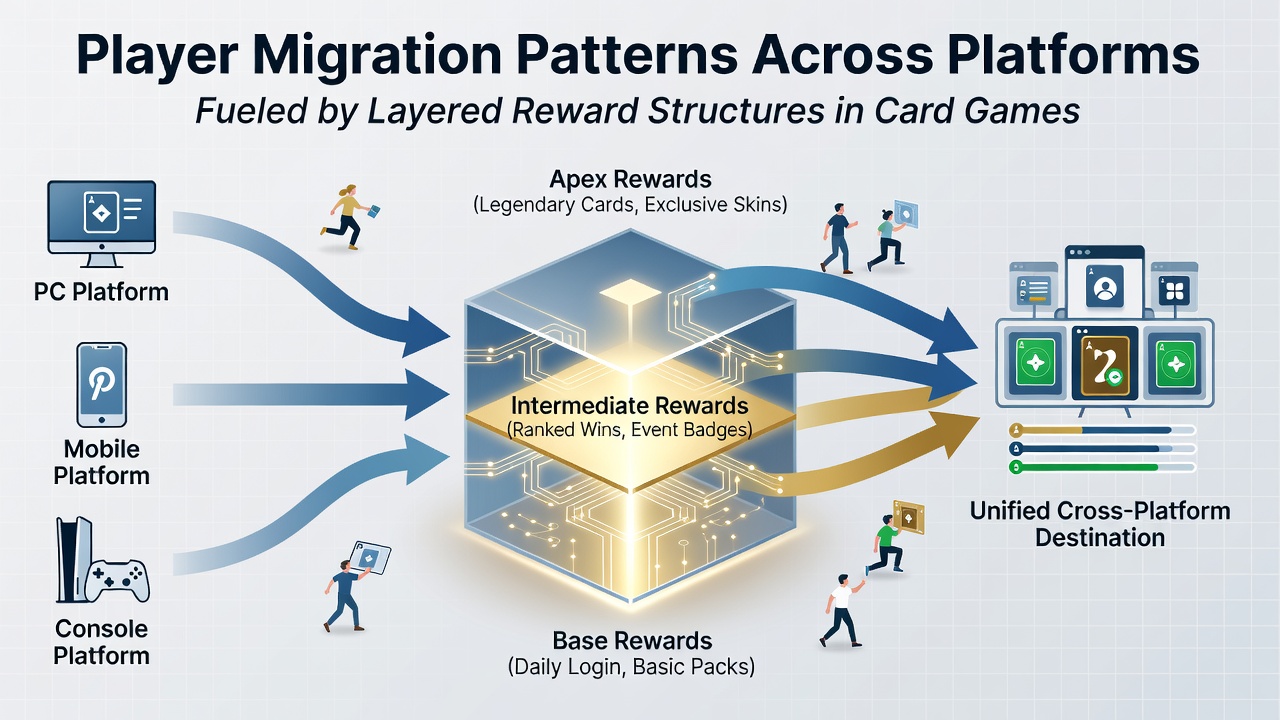 Data visualization showing player movement trends between card game sites over layered reward timelines
