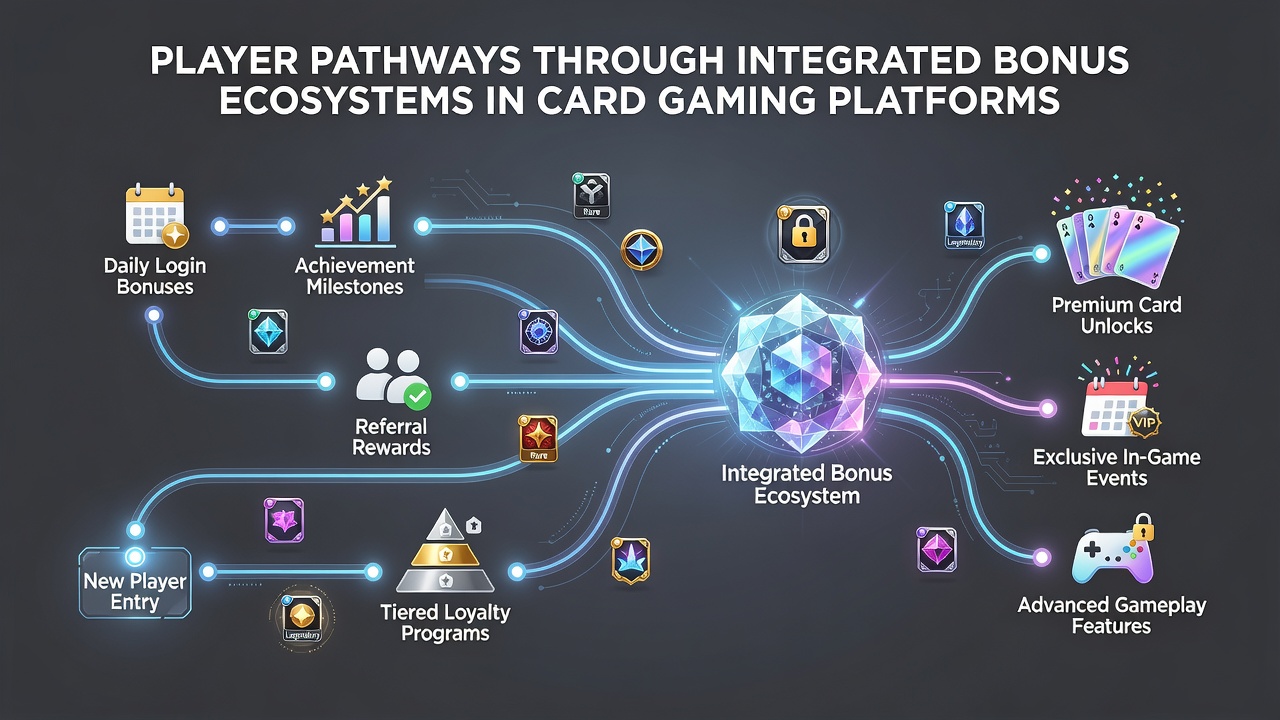 Illustration of interconnected bonus pathways in digital card gaming platforms showing player progression routes