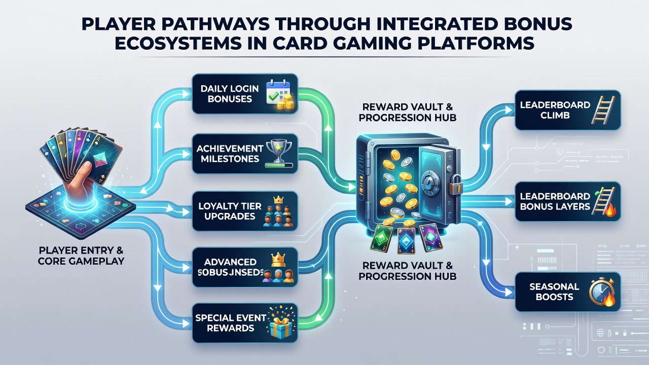 Diagram of tiered credit loops and data feedback in card gaming bonus ecosystems