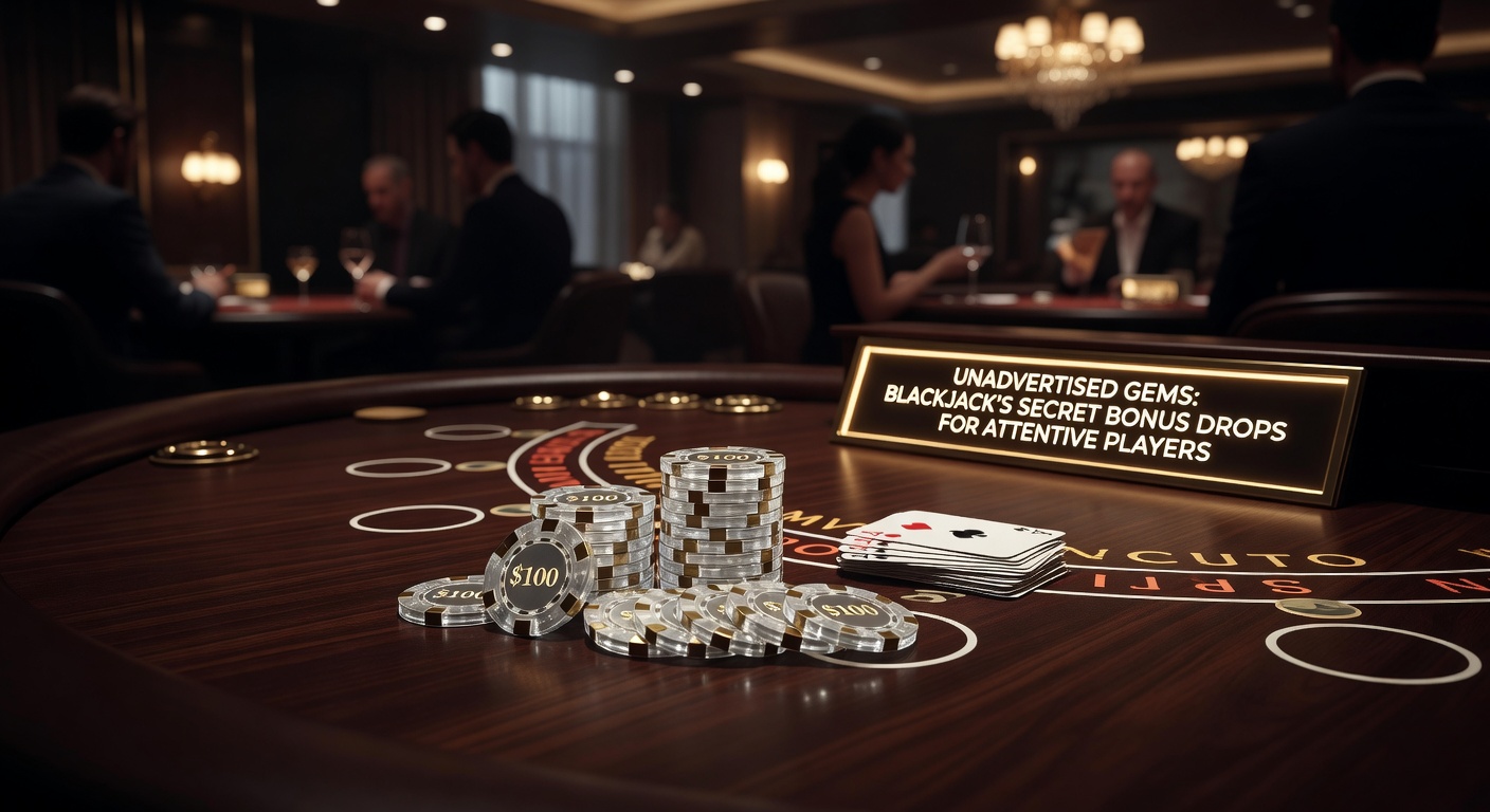 A close-up view of blackjack chips and cards on a casino table, highlighting subtle bonus notifications popping up on a screen in the background
