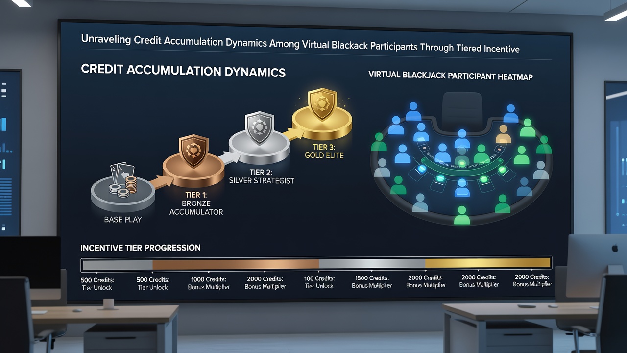 Data visualization of credit accumulation trends and tier progression among virtual blackjack users